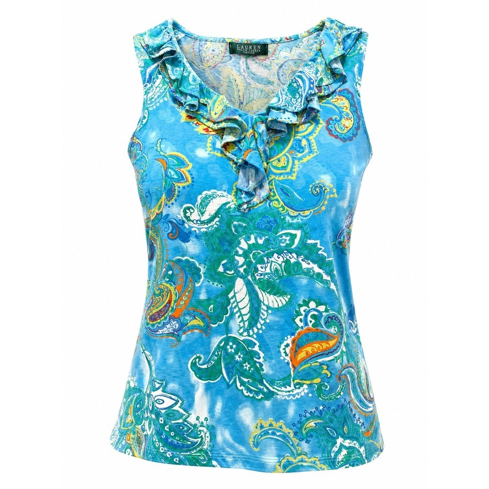 Lauren Ralph Lauren Blue Paisley Ruffle V-Neck Sleeveless Top‎ Petite Small